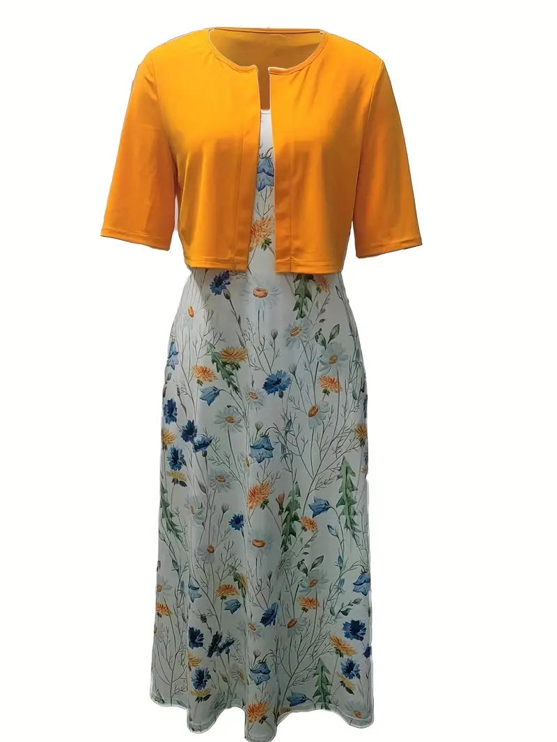 Shopnory – elegantes zweiteiliges blumenkleid-set mit einfarbigem crop-top und kleid mit rundhalsausschnitt