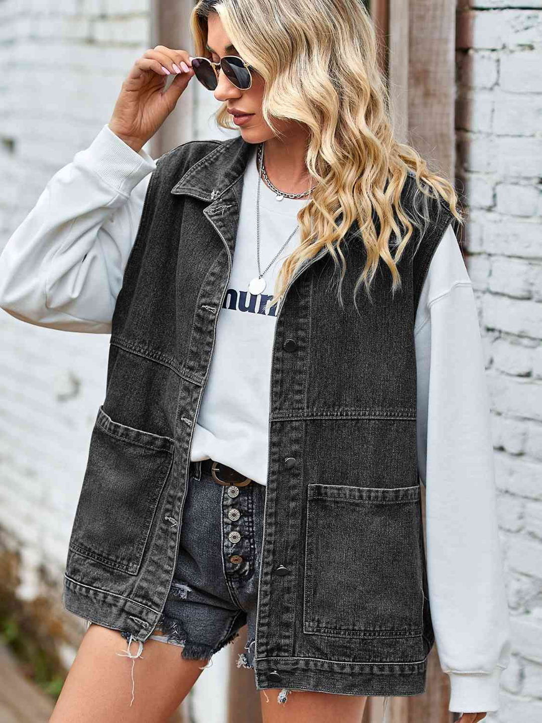 Knopf-Front Ärmellose Jeansjacke