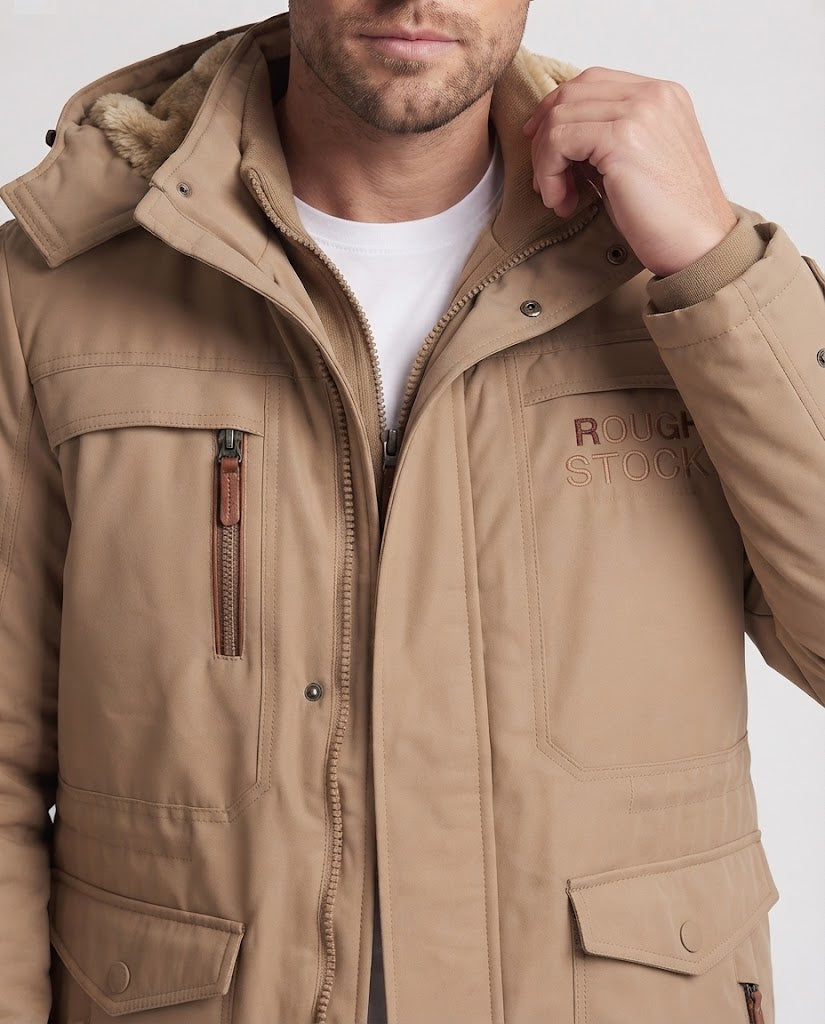 Herren gefütterte Canvas-Outdoorjacke mit Teddy-Innenfutter, verstärkten Taschen und hohem Kragen Shop Nory