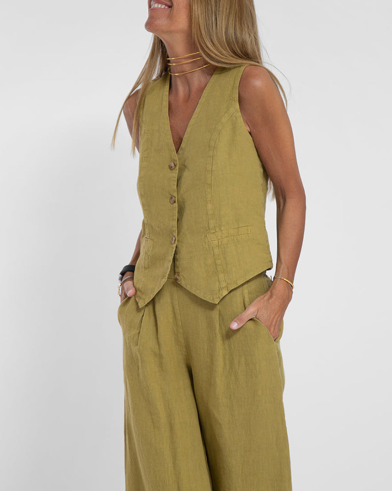 Elegantes 2-Teiliges Set Leinen Weite Hose & Weste