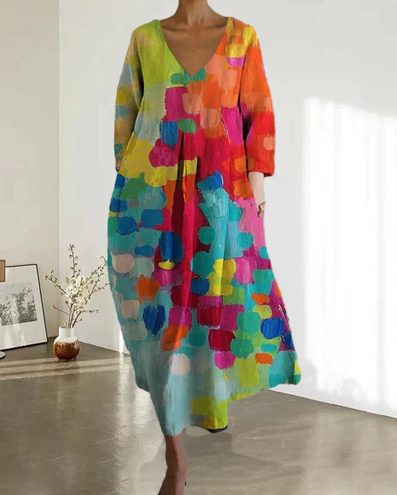 Bunt Bedrucktes Kleid Mit V-Ausschnitt