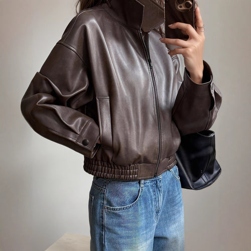Damen Lederjacke mit langen Ärmeln