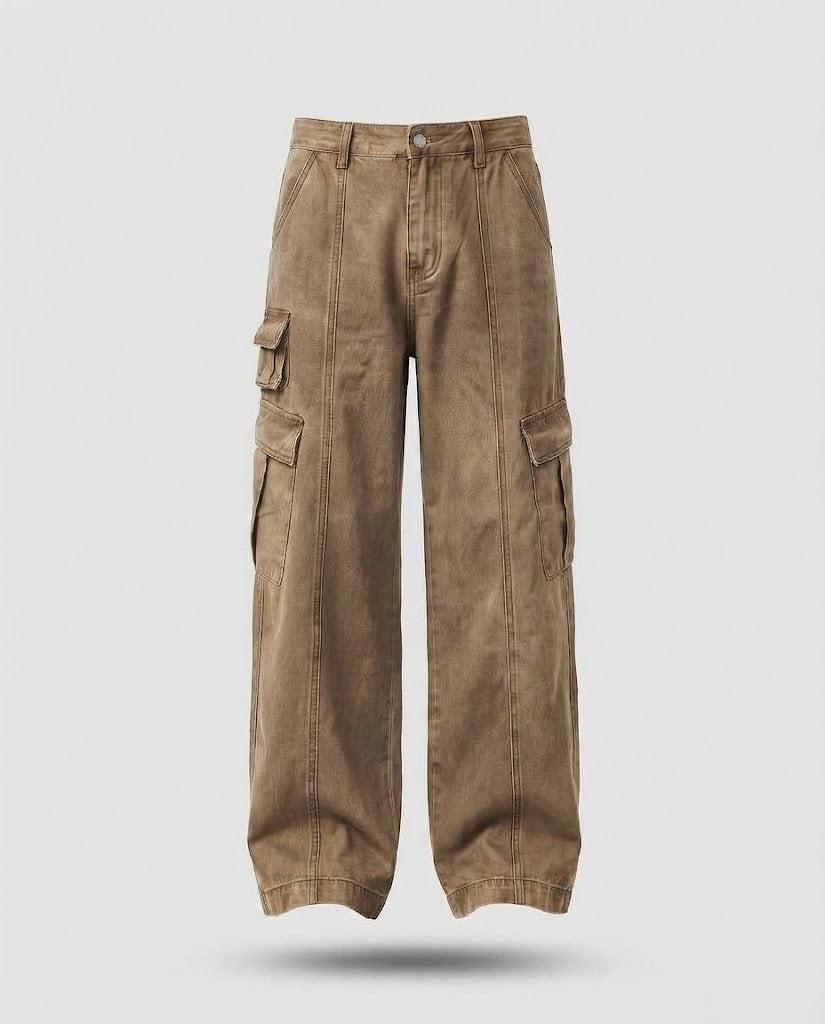 Herren Weite Utility-Cargo-Palazzo-Hose mit Mehrfach-Taschen und sichtbaren Steppnähten Shop Nory