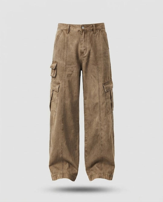Herren Weite Utility-Cargo-Palazzo-Hose mit Mehrfach-Taschen und sichtbaren Steppnähten Shop Nory