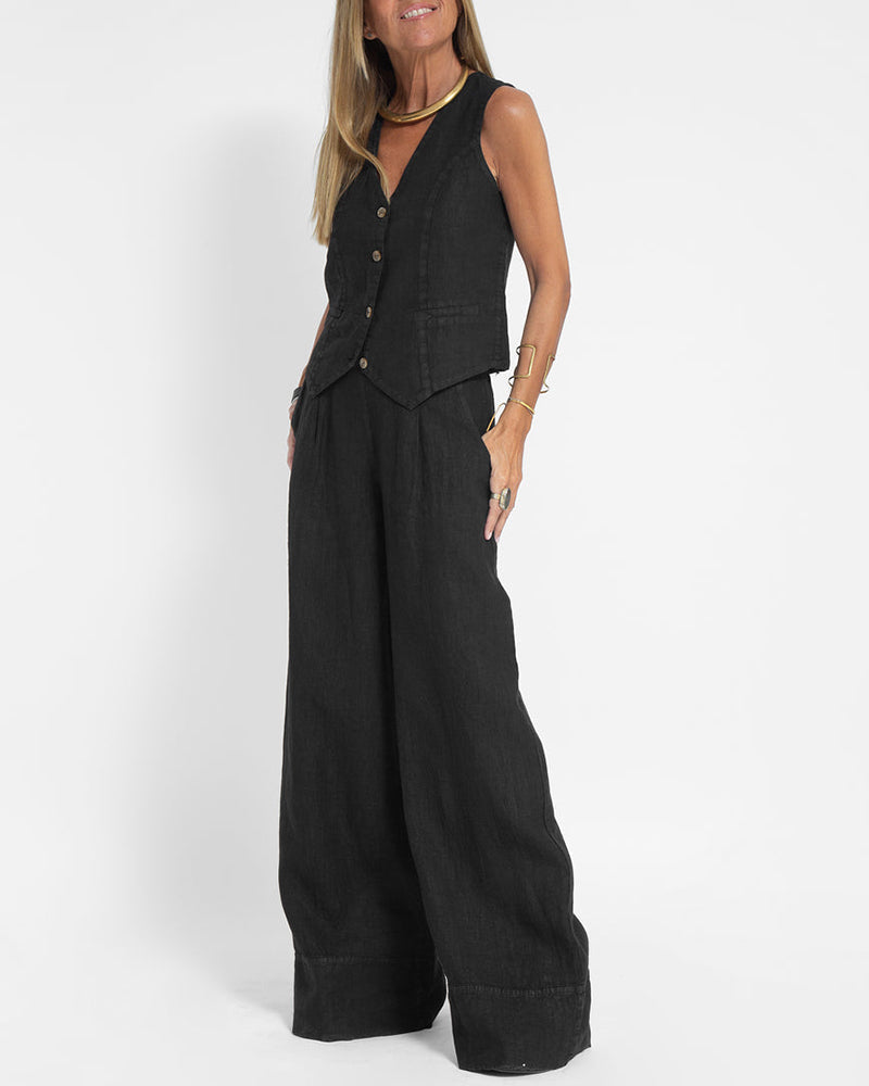 Elegantes 2-Teiliges Set Leinen Weite Hose & Weste