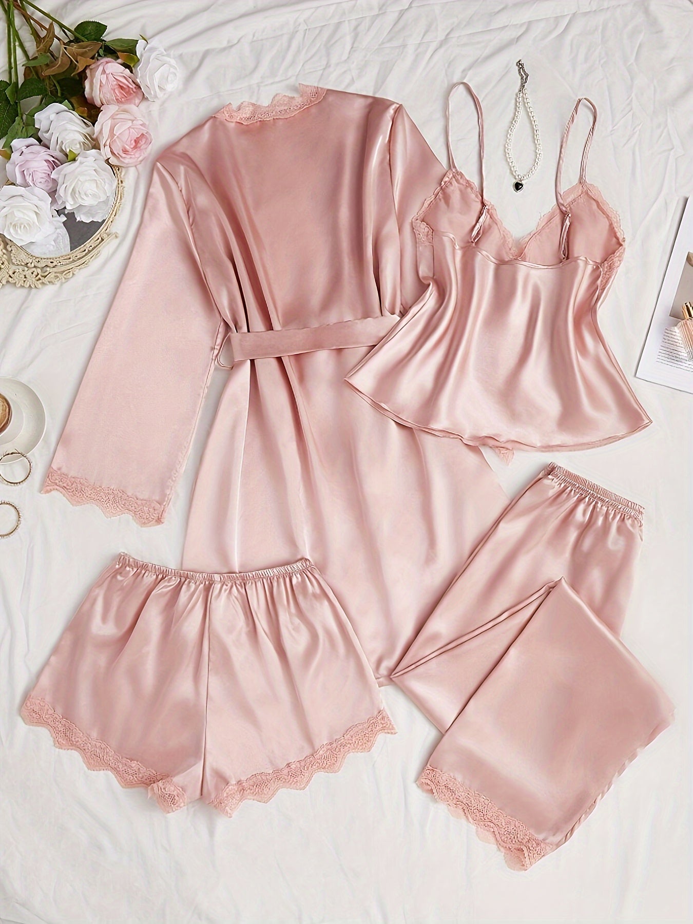 Satin 4-teiliger Pyjama-Set mit Spitzenbesatz für Frauen - Ideal für alle Jahreszeiten