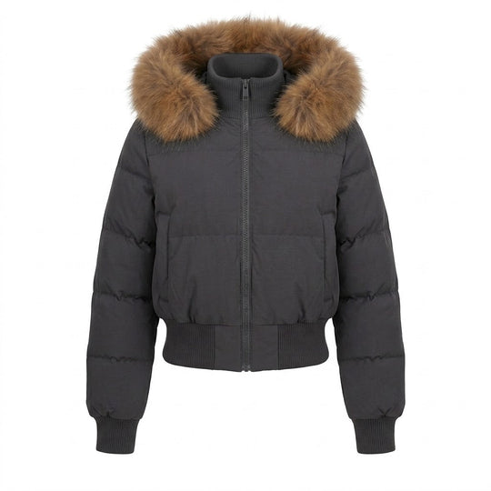 Damen Nano Short gepolsterte Kapuzen-Pufferjacke mit voluminösem Kunstfellbesatz, gerippten Bündchen und wärmender Thermofüllung