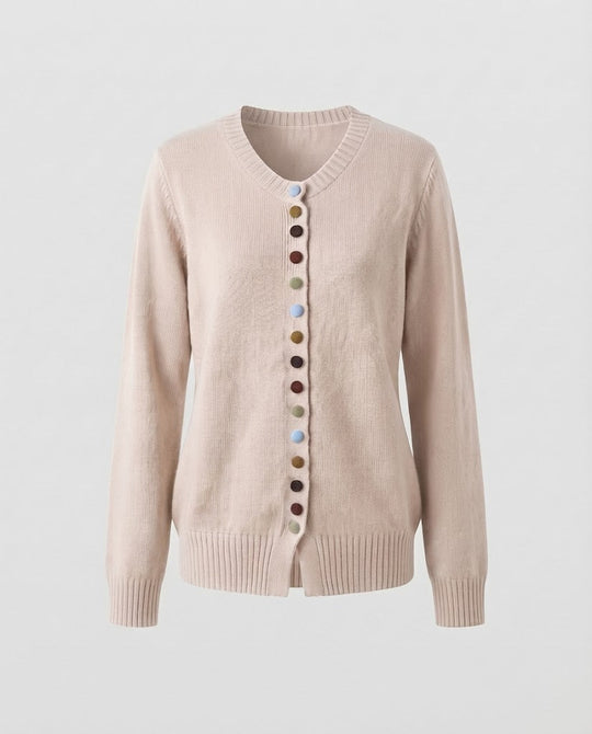 Damen Feiner V-Ausschnitt-Cardigan mit mehrfarbigen Zierknöpfen und geripptem Saum Shop Nory