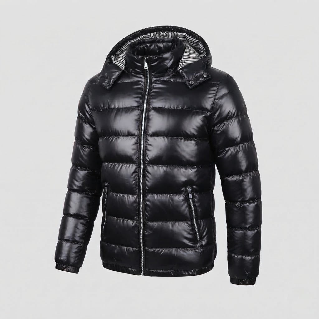 Herren Glänzende Steppjacke mit Kapuze, Gestreiftem Innenfutter & Kontrastreißverschlüssen Shop Nory