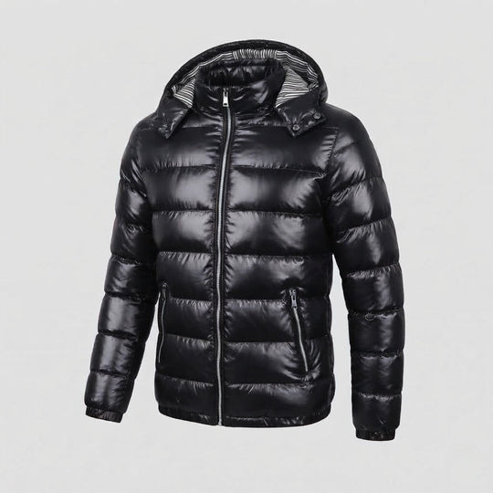 Herren Glänzende Steppjacke mit Kapuze, Gestreiftem Innenfutter & Kontrastreißverschlüssen Shop Nory