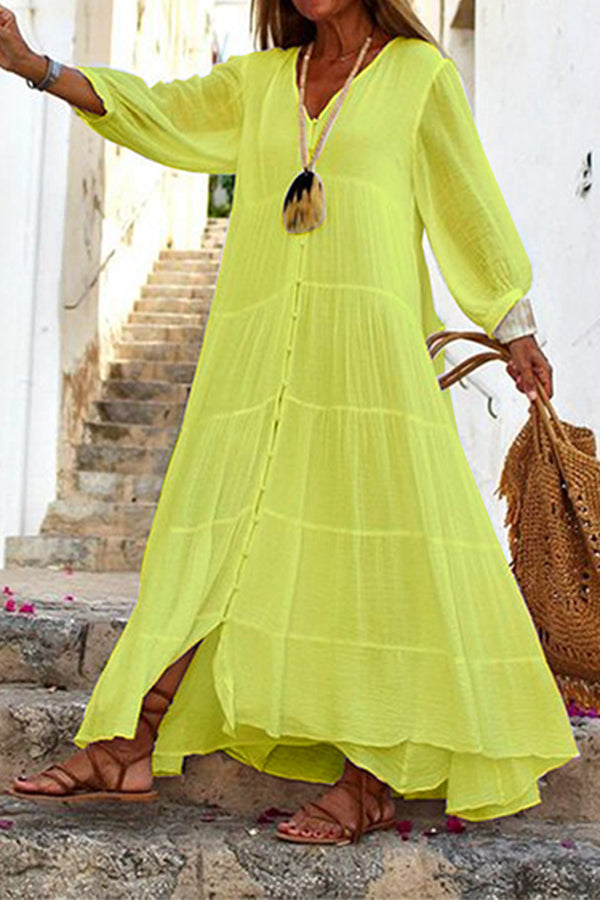Seraphina Baumwoll-Leinen-Mischung Knopf-Up Gestuftes Maxikleid