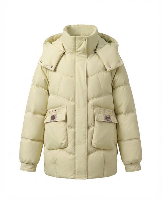 Damen mid-long gepolsterte Parka mit hohem Stehkragenklappe, verstaubarem Kapuze und großen Cargo-Taschen