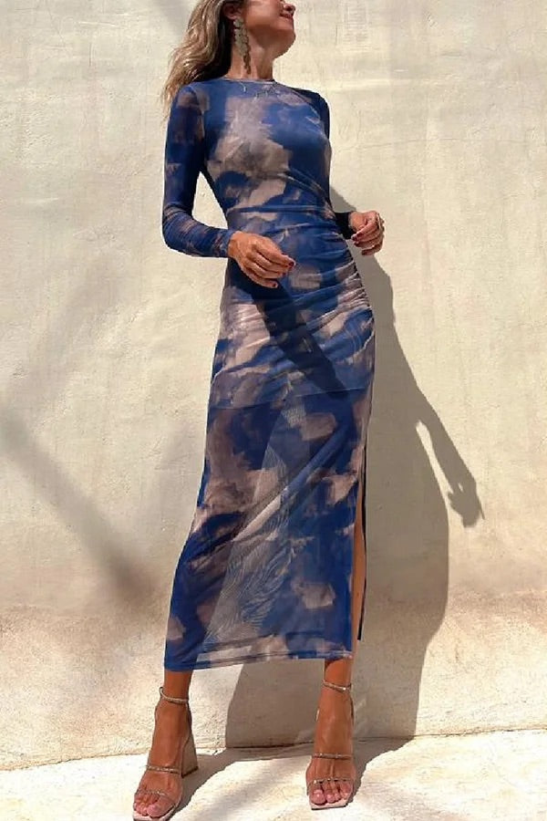 Charm Lady Mesh Overlay Tie Dye Print Langarm Rüsch Stretch Midi Kleid