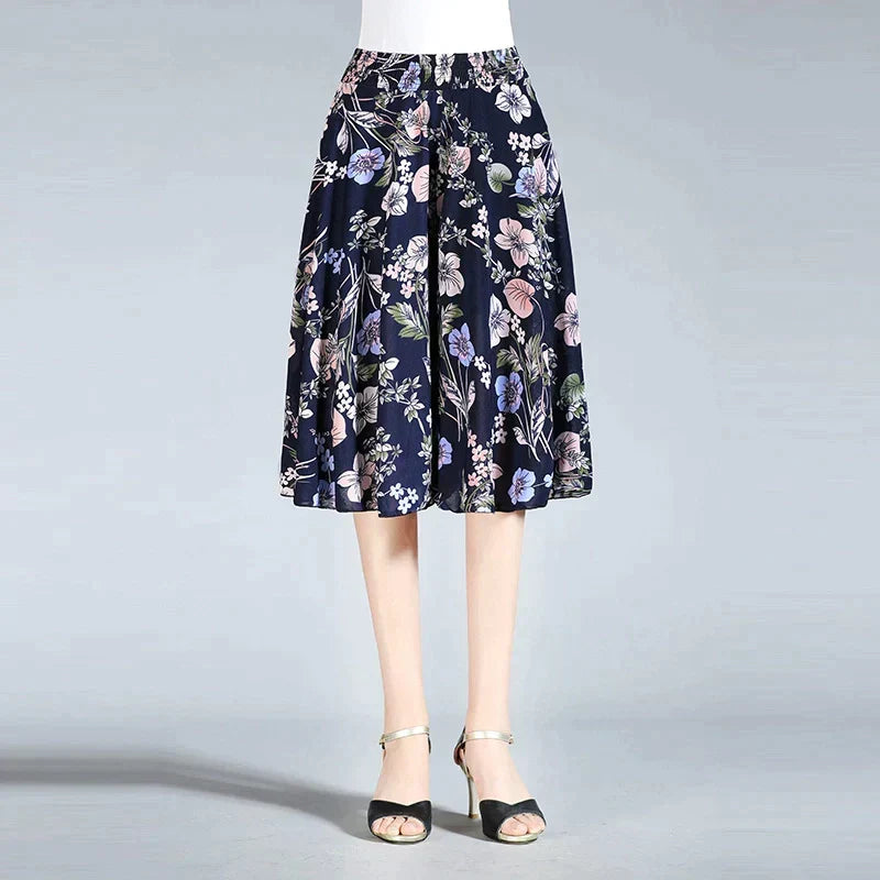 Damen Chiffon Culottes mit Breiten Beinen und Hoher Elastischer Taille