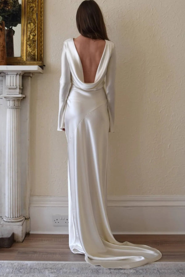 Pearl Eden Satin Rückwärtig Offene Cowl Neck Gown Maxi Kleid