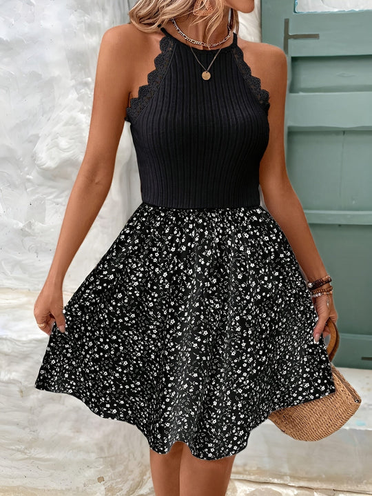 Elegantes Kleid mit Blumenmuster und Spitze Halter Ohne Ärmel Sommer