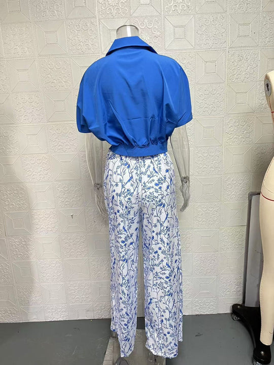 Zweiteiliges Set mit V-Ausschnitt und Hose mit weitem Bein