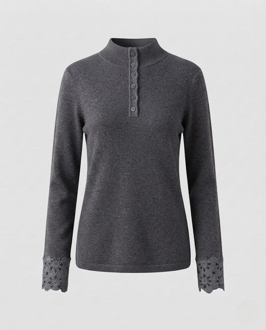 Damen Feiner Stehkragenpullover mit dekorativer Knopfleiste und Spitzenmanschetten Shop Nory