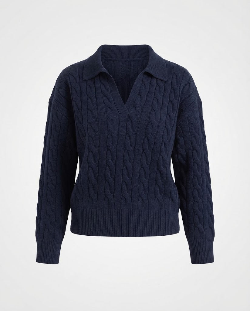 Damen Grobgestrickter Zopfmuster-Pullover mit Polokragen und tiefem V-Ausschnitt Shop Nory