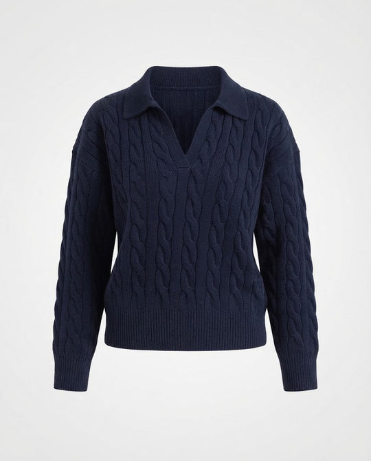 Damen Grobgestrickter Zopfmuster-Pullover mit Polokragen und tiefem V-Ausschnitt Shop Nory