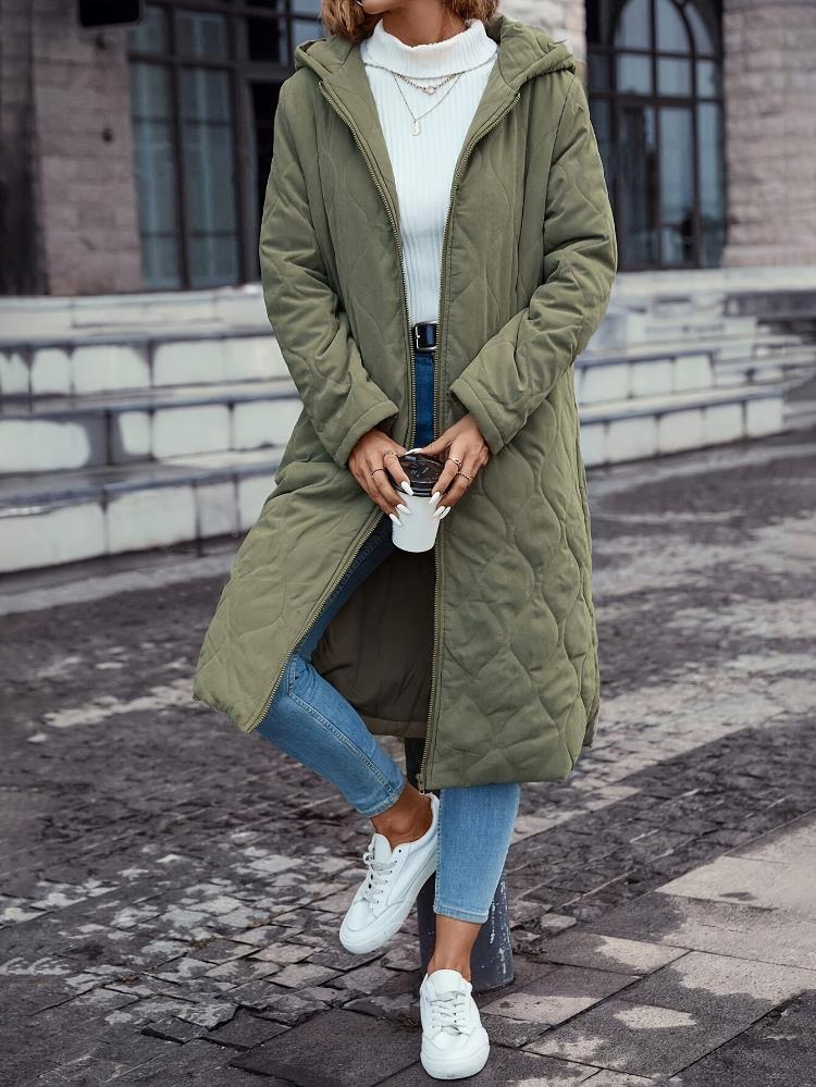 Kapuzen-Daunenjacke für Damen - lange gep quiltete Jacke