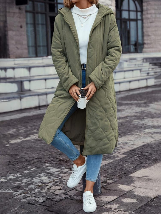 Kapuzen-Daunenjacke für Damen - lange gep quiltete Jacke