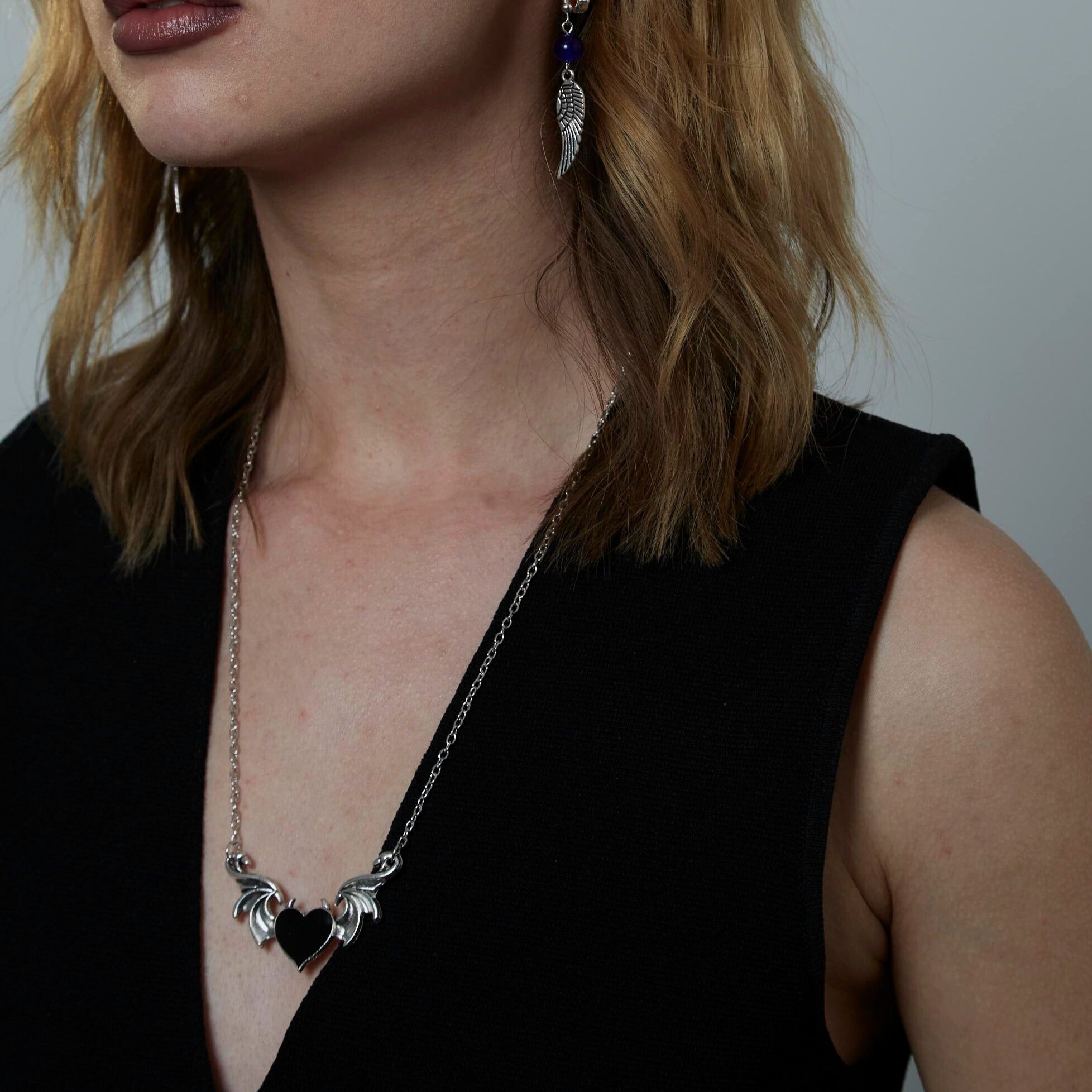 Silver Winged Black Heart Charm Necklace | Shop Nory
