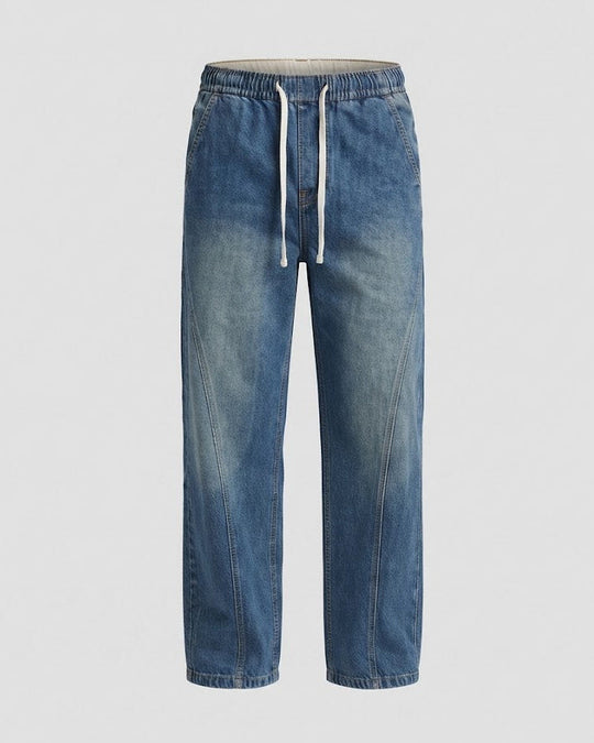 Herren Weite Denim-Palazzohose mit geschwungenen Seitennähten und Used-Wash Shop Nory