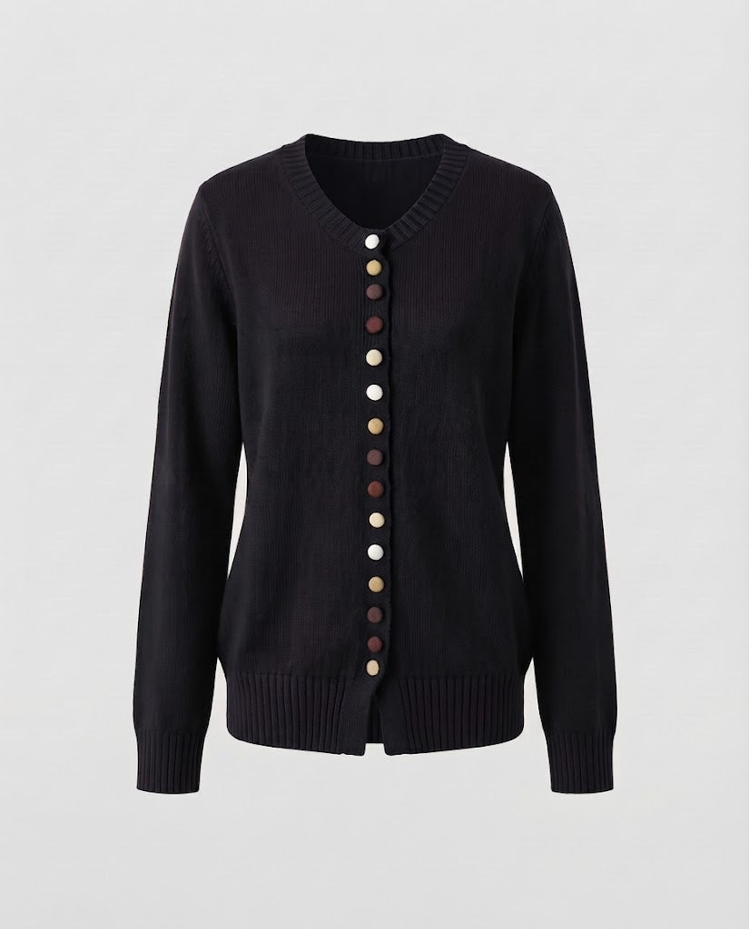 Damen Feiner V-Ausschnitt-Cardigan mit mehrfarbigen Zierknöpfen und geripptem Saum Shop Nory