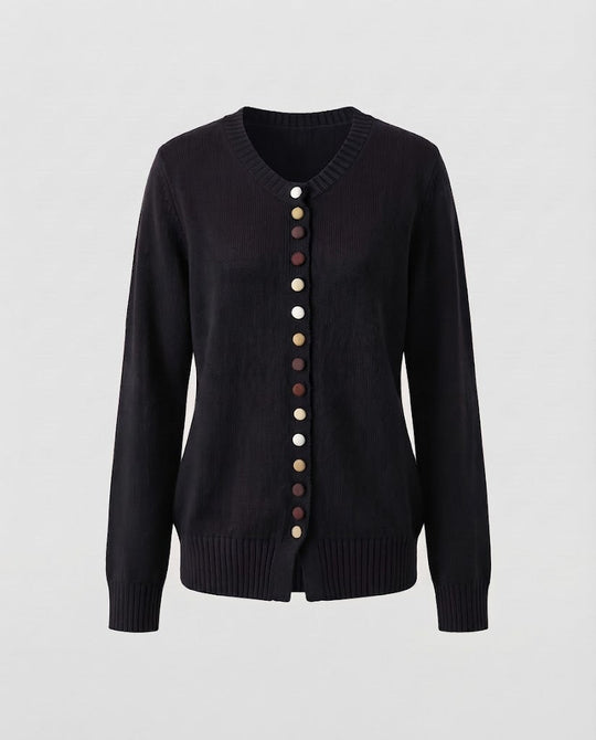 Damen Feiner V-Ausschnitt-Cardigan mit mehrfarbigen Zierknöpfen und geripptem Saum Shop Nory