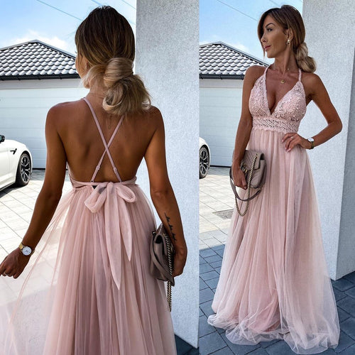 Shopnory | Lange Kleid aus Tüll mit Trägern und Spitze Airi