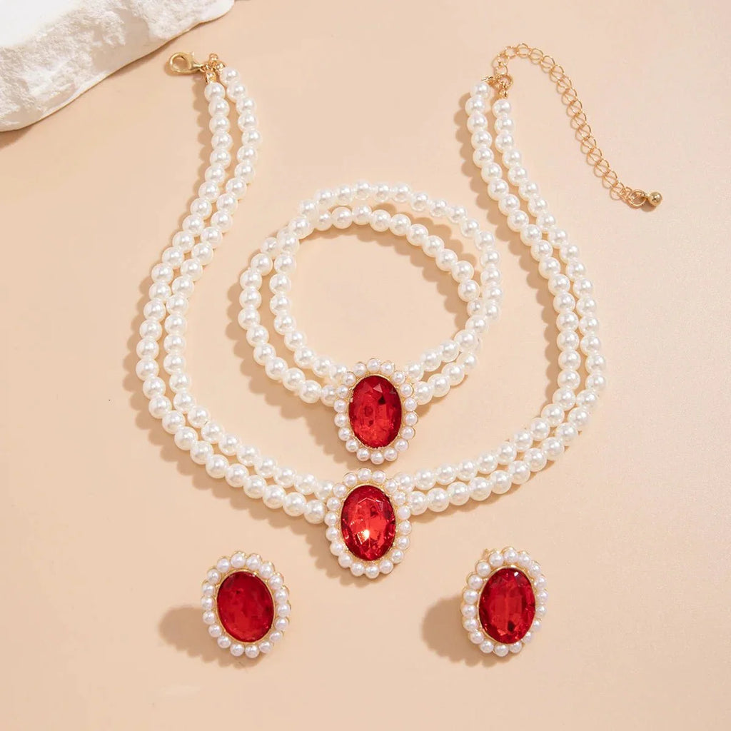 Elegantes ovales Diamant-Perlen-Halsketten-, Armband-, Ohrringe-Set