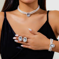 Elegantes ovales Diamant-Perlen-Halsketten-, Armband-, Ohrringe-Set