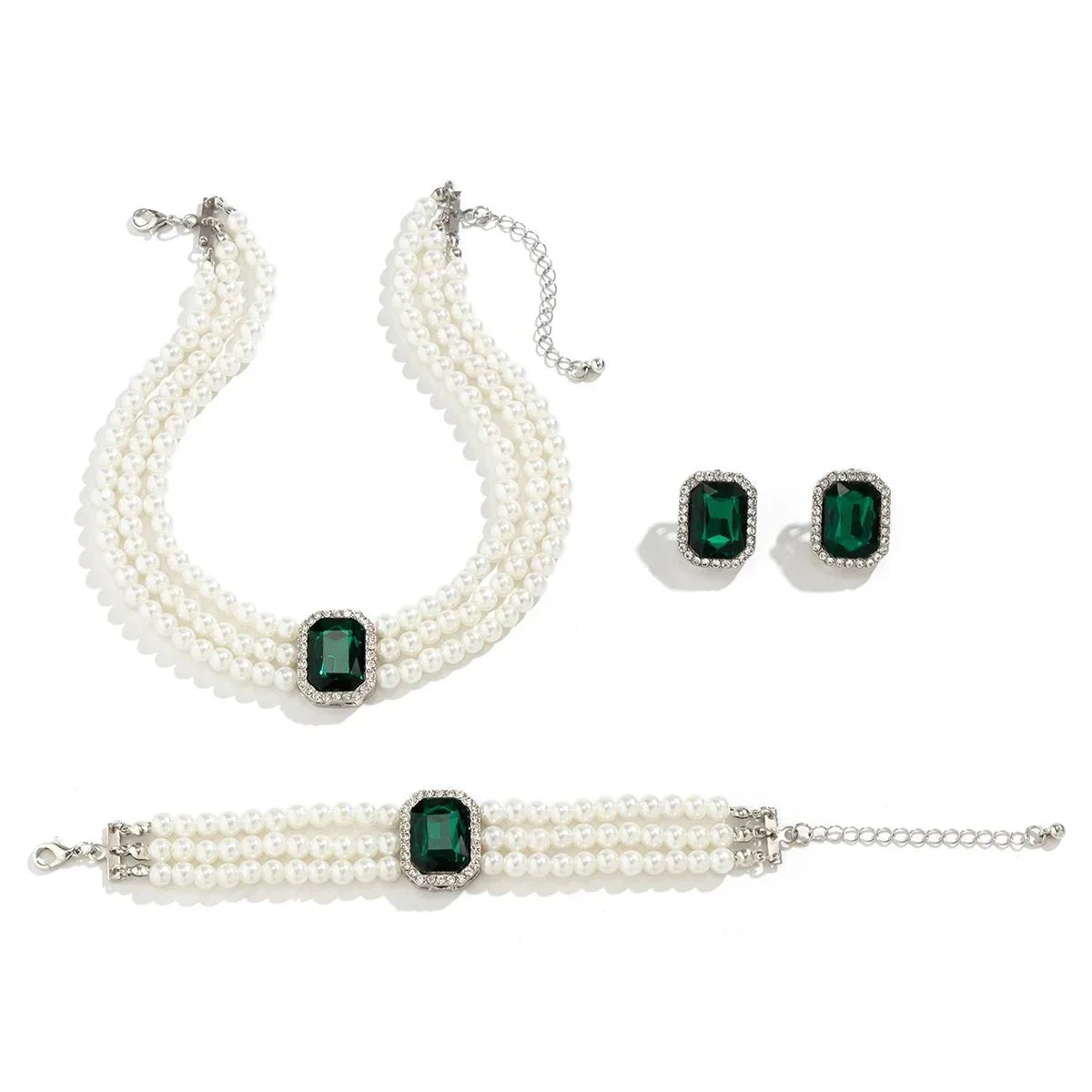 Elegantes Perlen-Diamant-Halskette, Armband und Ohrringe Set