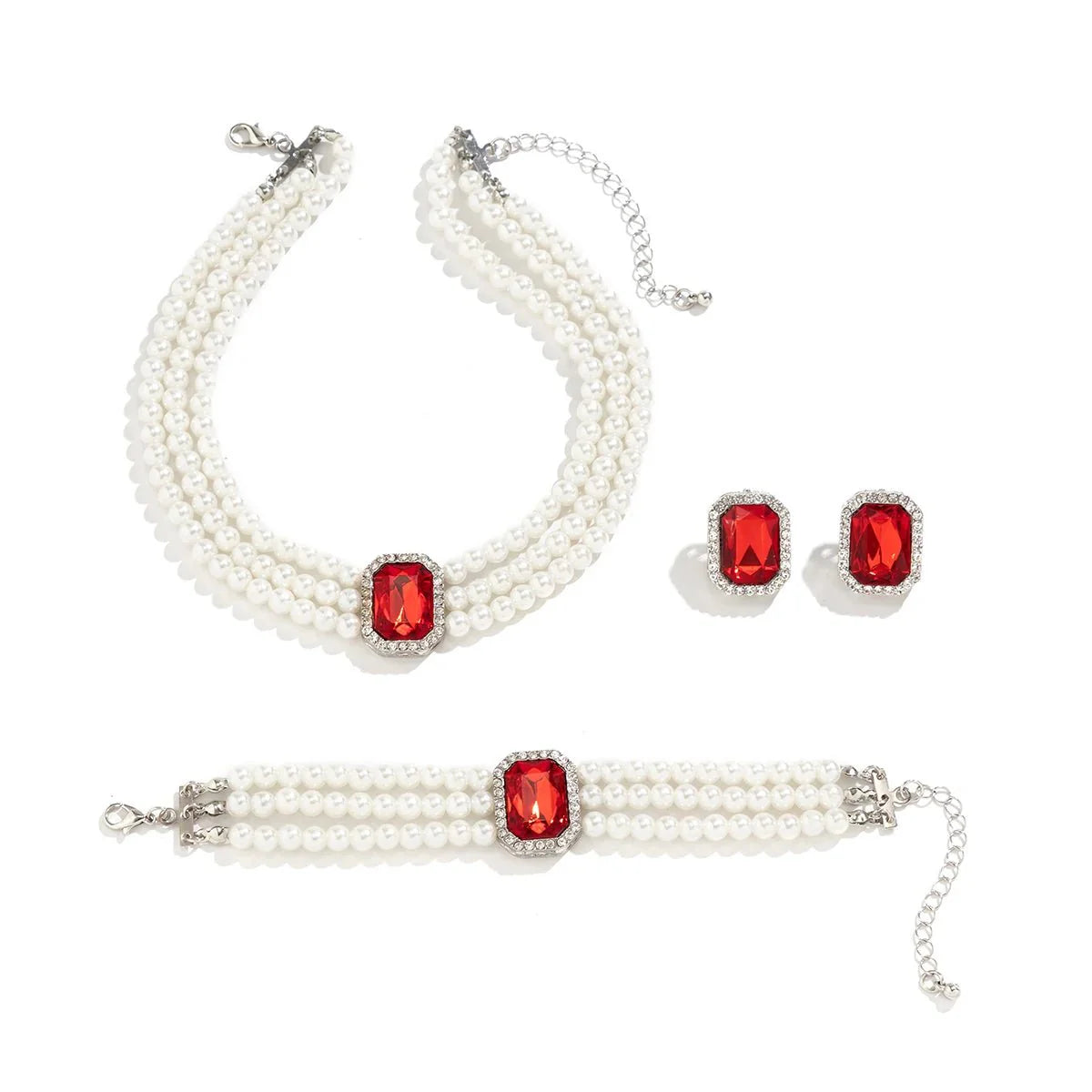 Elegantes Perlen-Diamant-Halskette, Armband und Ohrringe Set