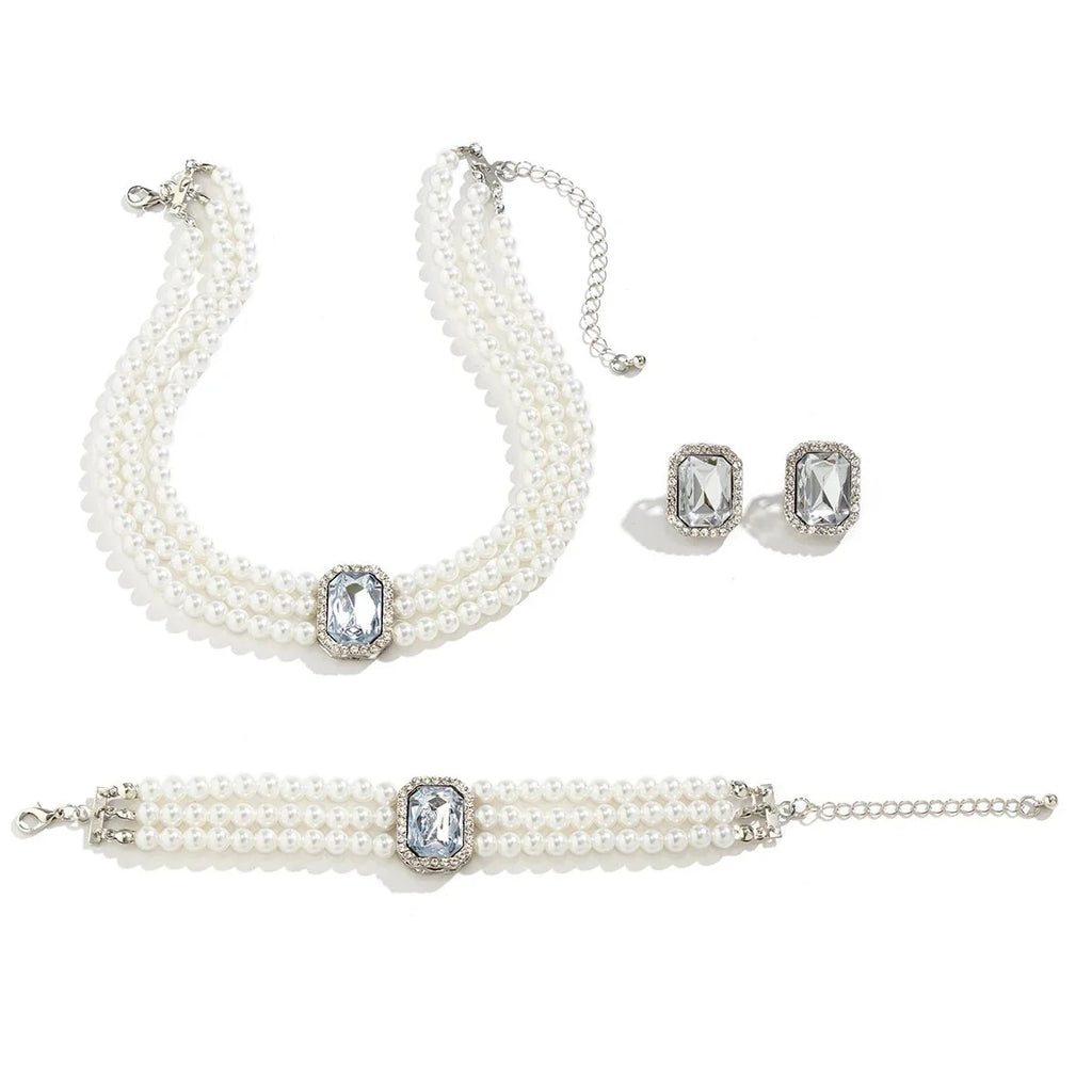 Elegantes Perlen-Diamant-Halskette, Armband und Ohrringe Set