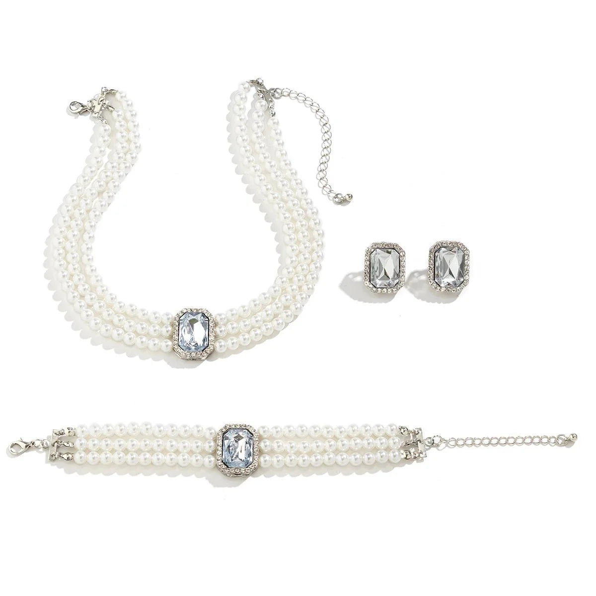 Elegantes Perlen-Diamant-Halskette, Armband und Ohrringe Set