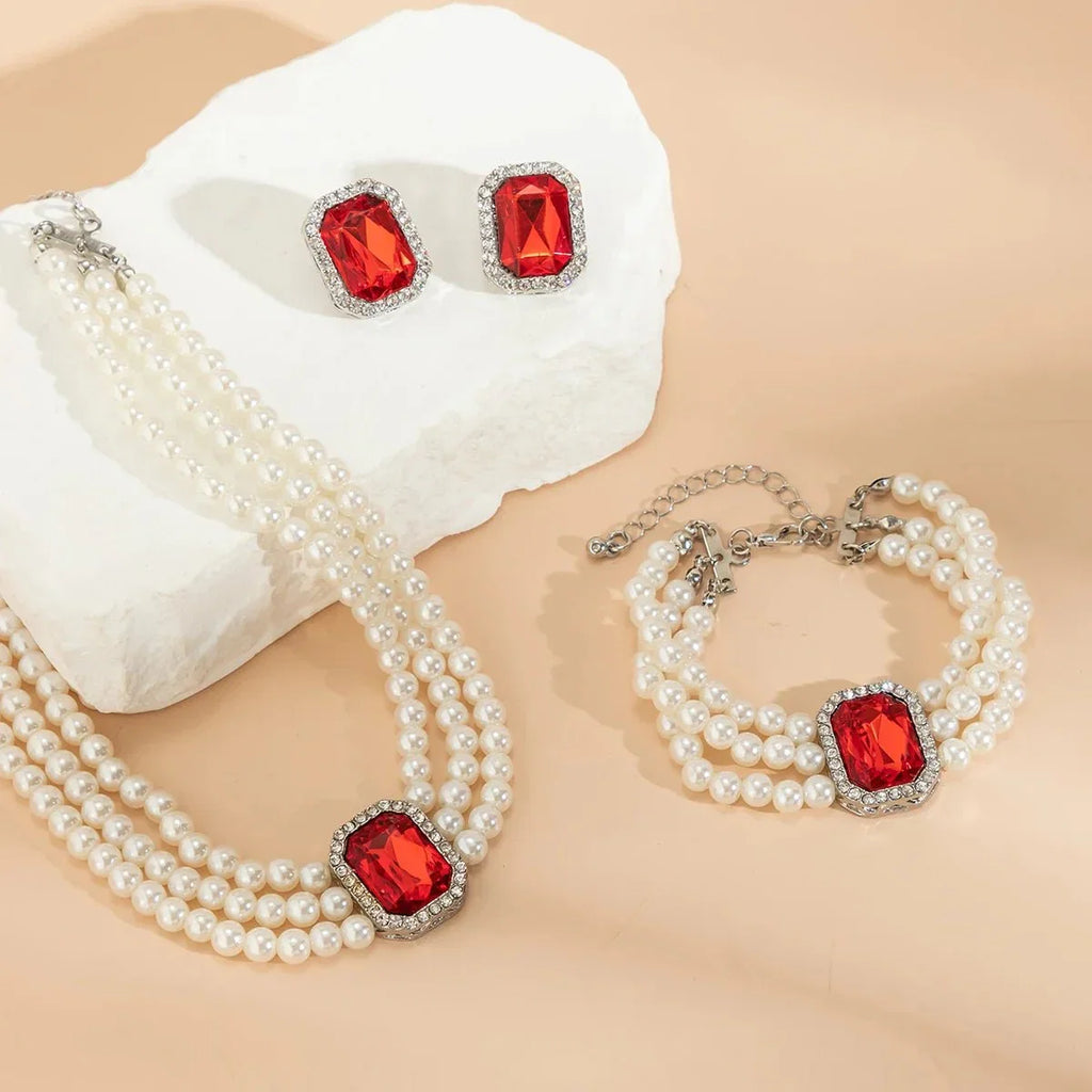 Elegantes Perlen-Diamant-Halskette, Armband und Ohrringe Set