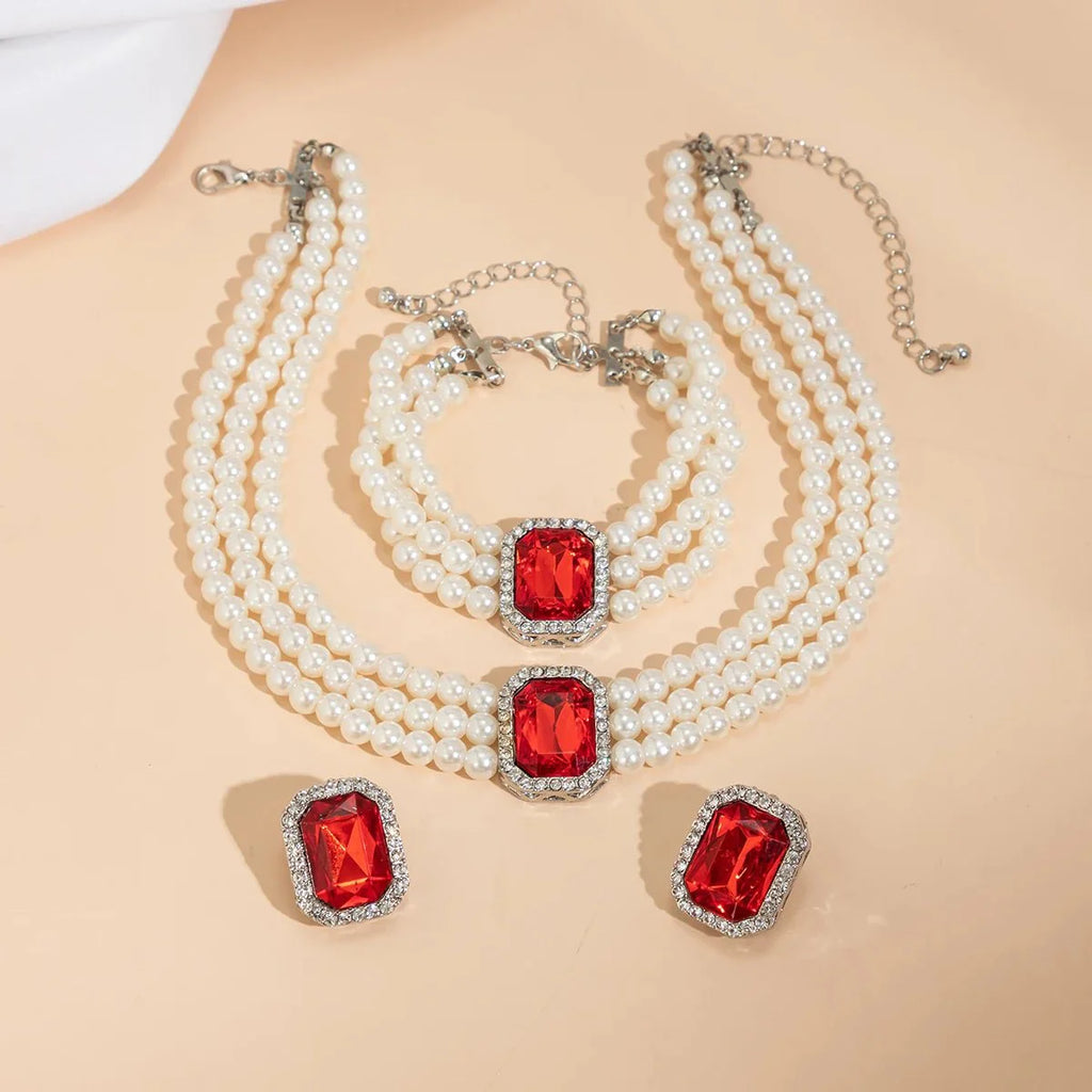 Elegantes Perlen-Diamant-Halskette, Armband und Ohrringe Set