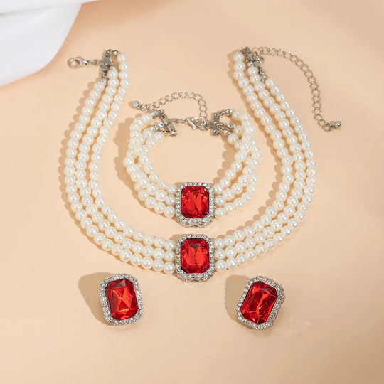Elegantes Perlen-Diamant-Halskette, Armband und Ohrringe Set