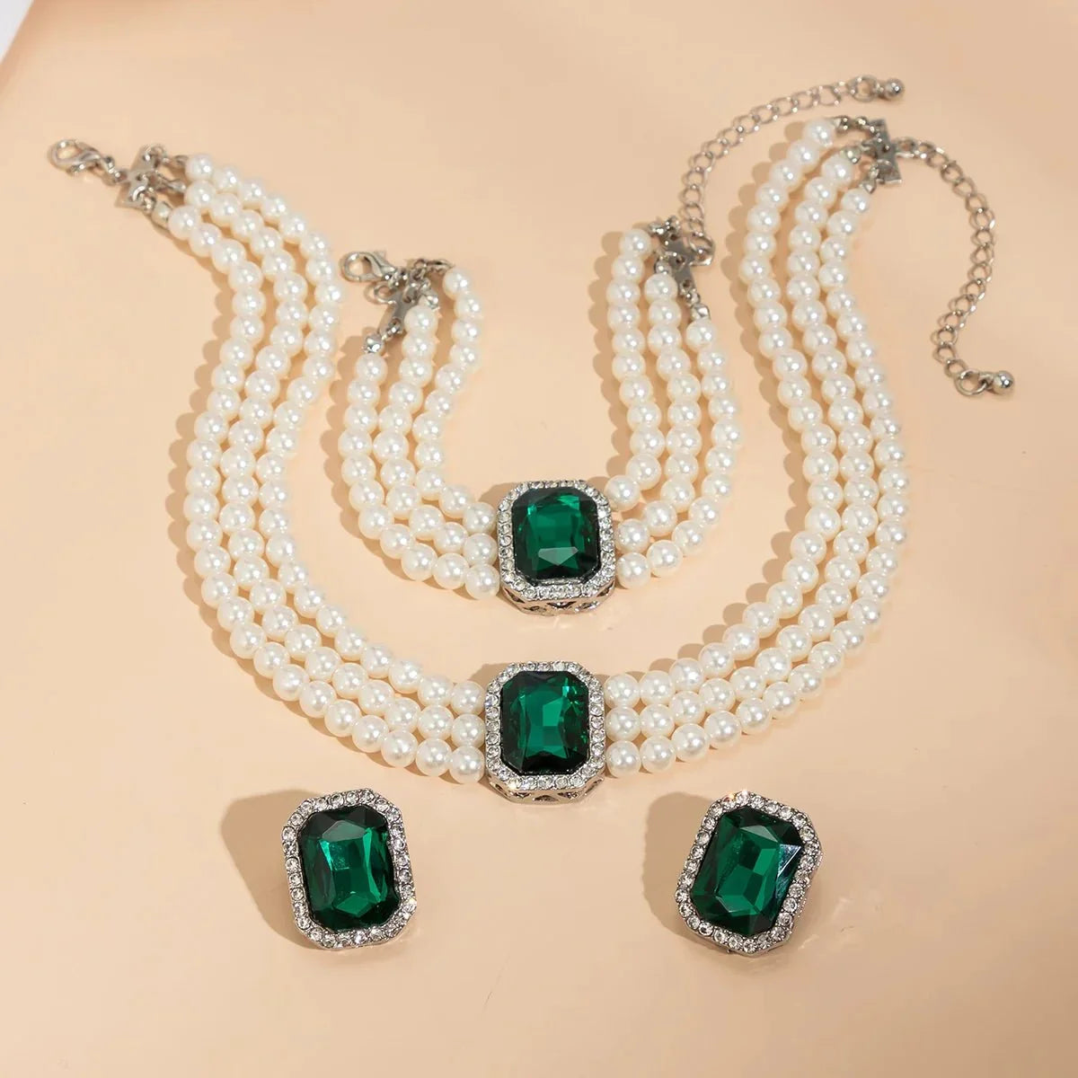 Elegantes Perlen-Diamant-Halskette, Armband und Ohrringe Set