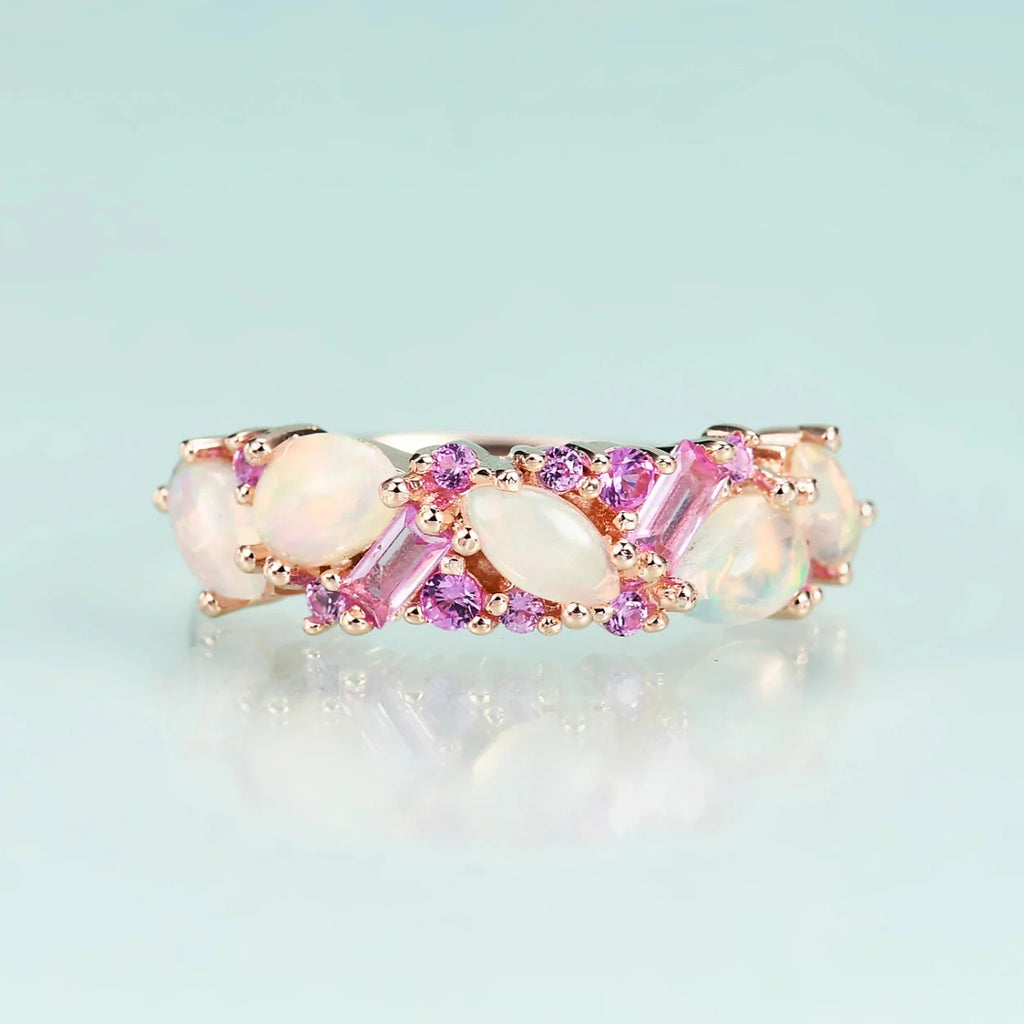 Äthiopischer Opalring mit rosafarbenem Saphir, Halb-Ewigkeits-Verlobungsring mit äthiopischem Opal | Shop Nory