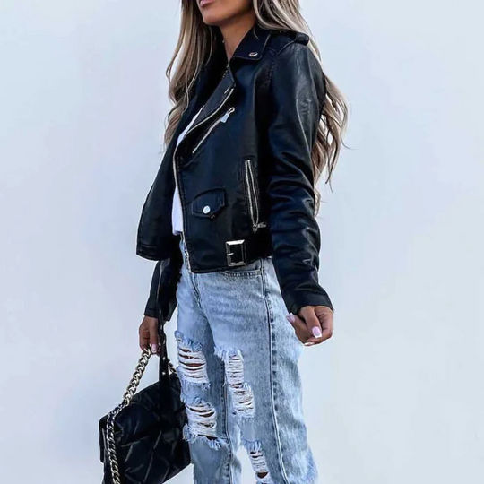 Stylische Gefütterte Lederjacke mit Reißverschluss