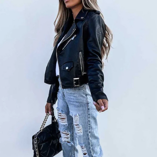 Stylische Gefütterte Lederjacke mit Reißverschluss