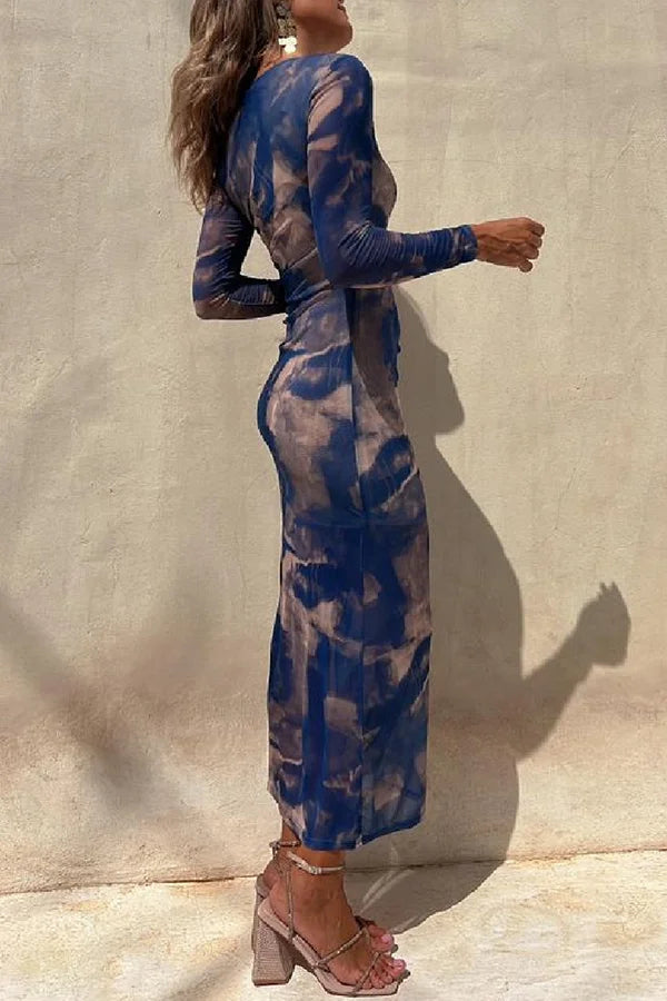 Charm Lady Mesh Overlay Tie Dye Print Langarm Rüsch Stretch Midi Kleid