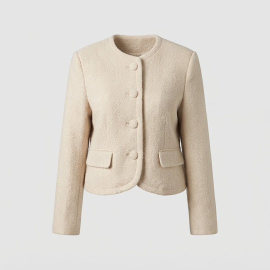 Damen Kurzjacke im Bouclé-Look mit rundem Ausschnitt und Zierknopfleiste Shop Nory