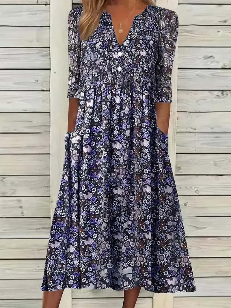 Midikleid A-Linie Passform V-Ausschnitt 3/4 Ärmel Blumenmuster
