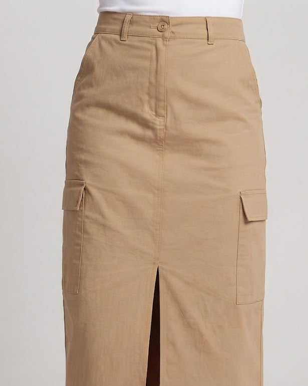 Damen Hochtaillierter Cargo‑Midirock mit Frontschlitz und Aufgesetzten Taschen Shop Nory