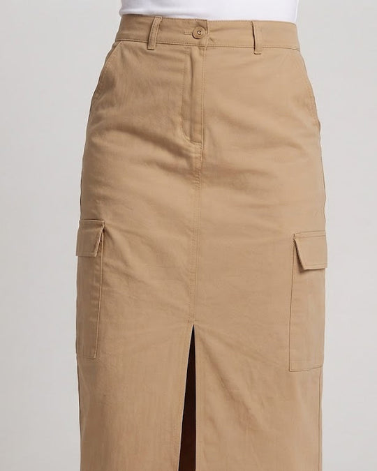 Damen Hochtaillierter Cargo‑Midirock mit Frontschlitz und Aufgesetzten Taschen Shop Nory