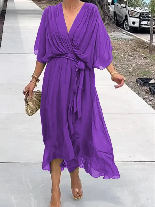 Damen Chiffonkleid Grün V-Ausschnitt Sommerkleid